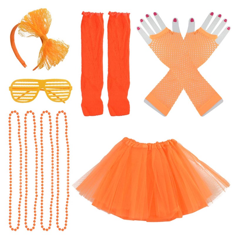 jiebor 80s Costume Accessories for Girls Tutu Skirt Leg Warmers Fishnet Gloves Shutter Glass Headband Necklace Orange - Image 1
